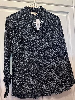 LOFT Navy & White Ditsy Print Cotton Long-Sleeve Blouse New With Tags!